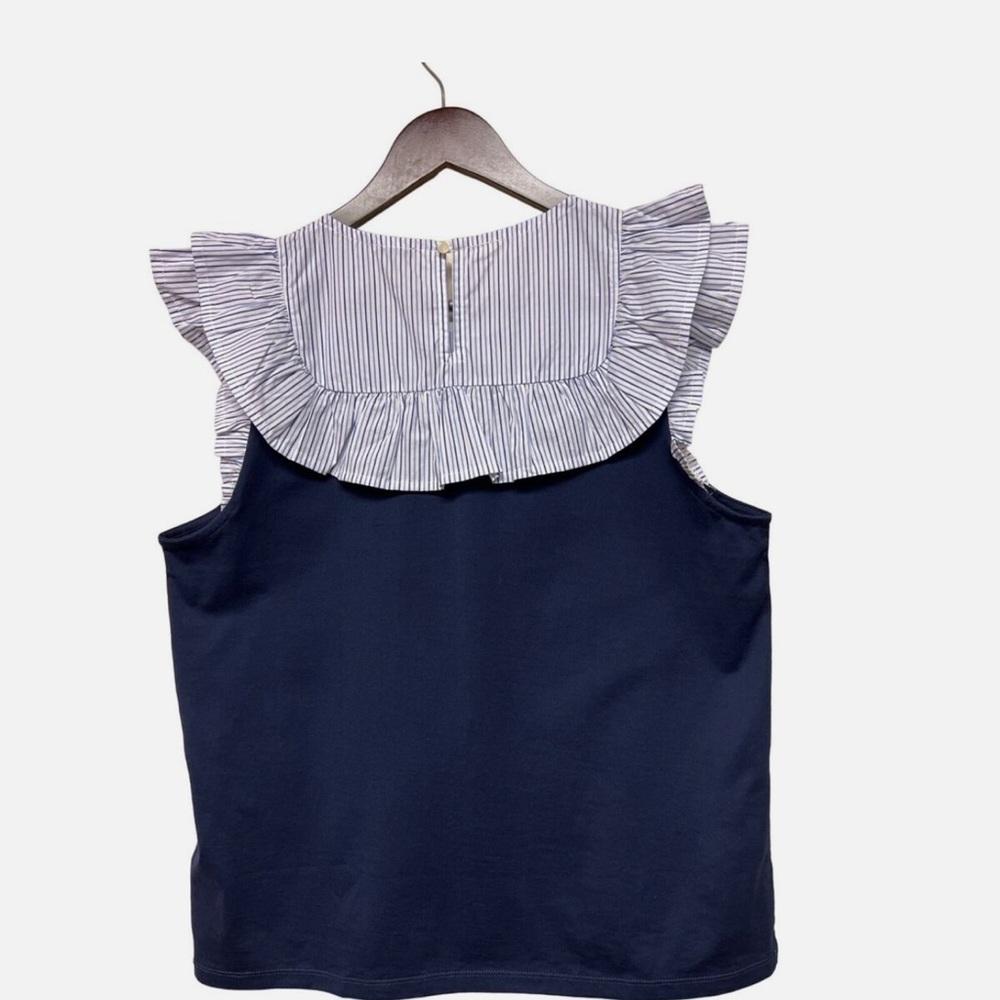 J.Crew Sleeveless Ruffle Yoke Blue Stripe Blouse Women's Size Medium 100% Cotton